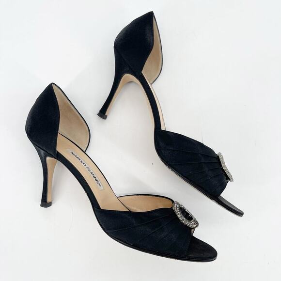 Manolo Blahnik y2k Black Satin Sedaraby Crystal D’Orsay Peep Toe Heels IT 41 - Picture 5 of 14